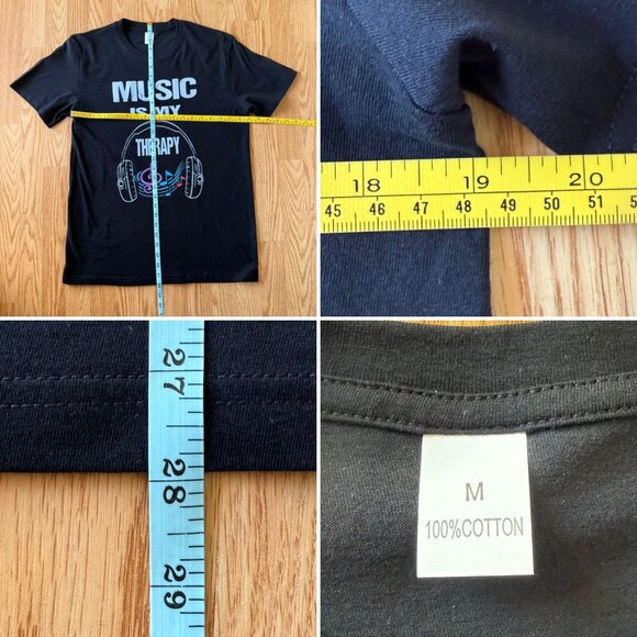 Music Is My Therapy T Shirt Size M Black Graphic Tee Headphones Treble Clef Note - Picture 6 of 11